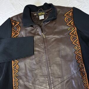 Bob Mackie Wearable Art Brown leather jacket with embroidery & ribbed panels 2XL